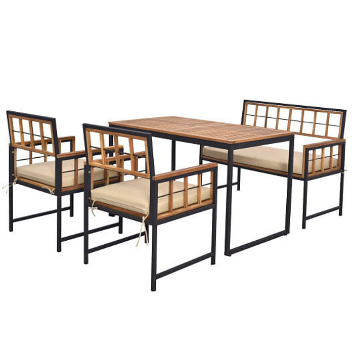 4 Pieces Acacia Wood Patio Dining Set with 1 Rectangular Table - Color: Natural D681-HW71668BN+