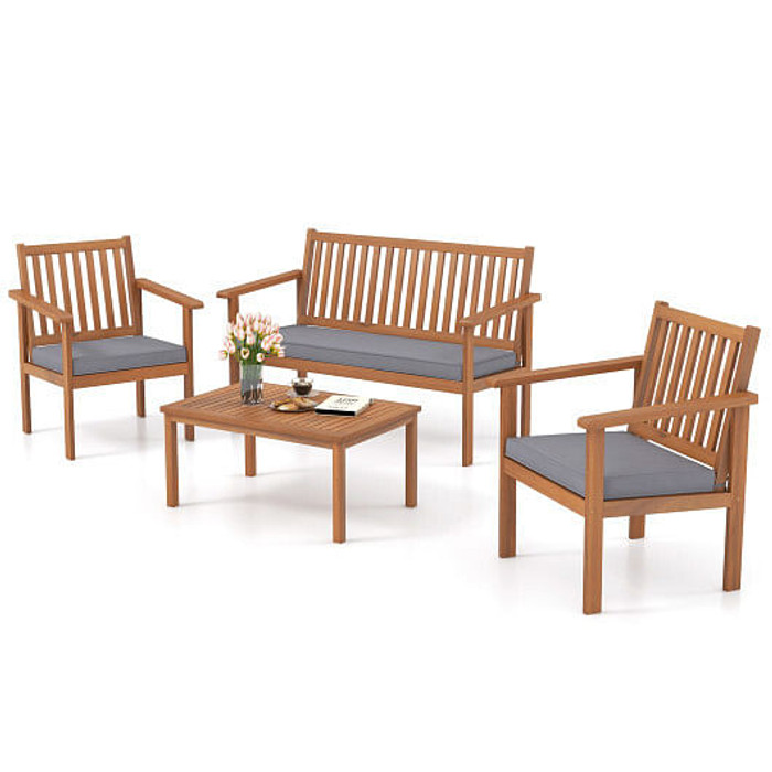4 Piece Patio Wood Furniture Set Acacia Wood Sofa Set with Loveseat-Gray - Color: Gray D681-HW72093GR