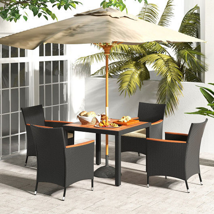 5 Pieces Patio Dining Table Set for 4 with Umbrella Hole - Color: Black D681-HW71908+
