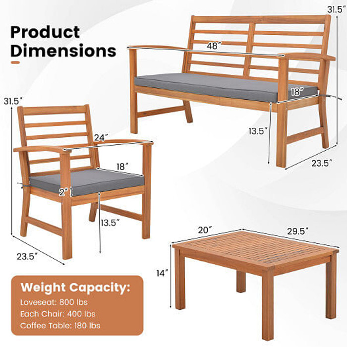 4 Pieces Outdoor Furniture Set with Stable Acacia Wood Frame-Gray - Color: Gray D681-HW72078GR