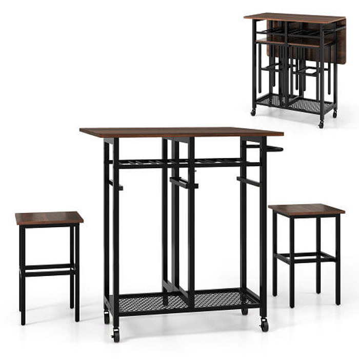 3 Piece Dining Table Set with 6-Bottle Wine Rack-Brown - Color: Brown D681-JV11230BN