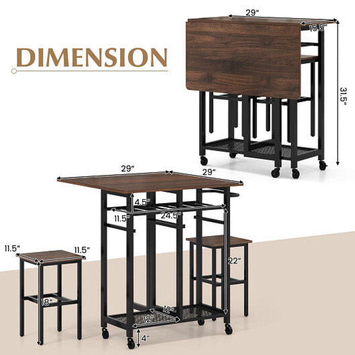 3 Piece Dining Table Set with 6-Bottle Wine Rack-Brown - Color: Brown D681-JV11230BN
