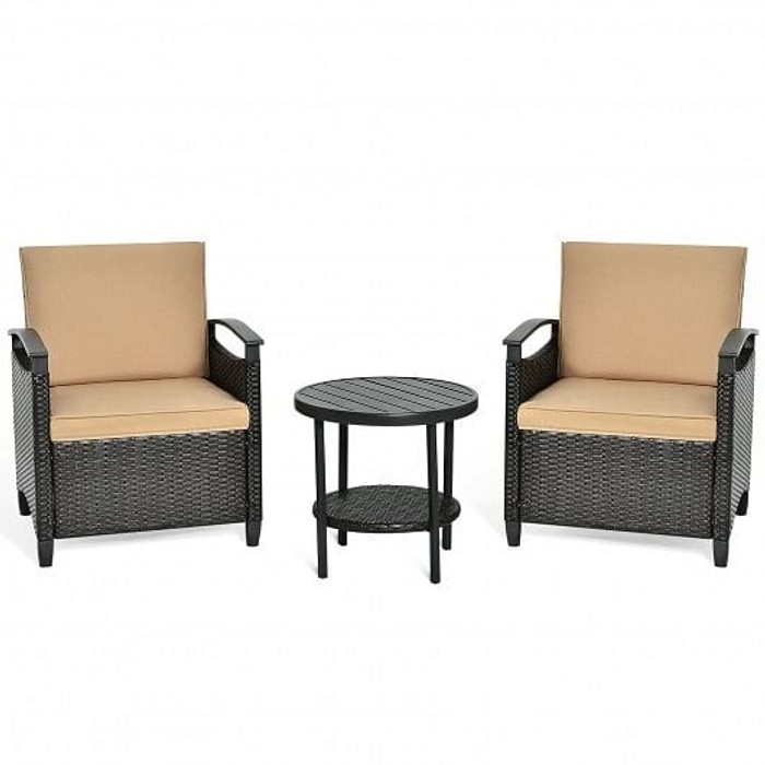 3 Pieces Patio Rattan Furniture Set Cushioned Sofa Storage Table with Shelf Garden B593-HW64401