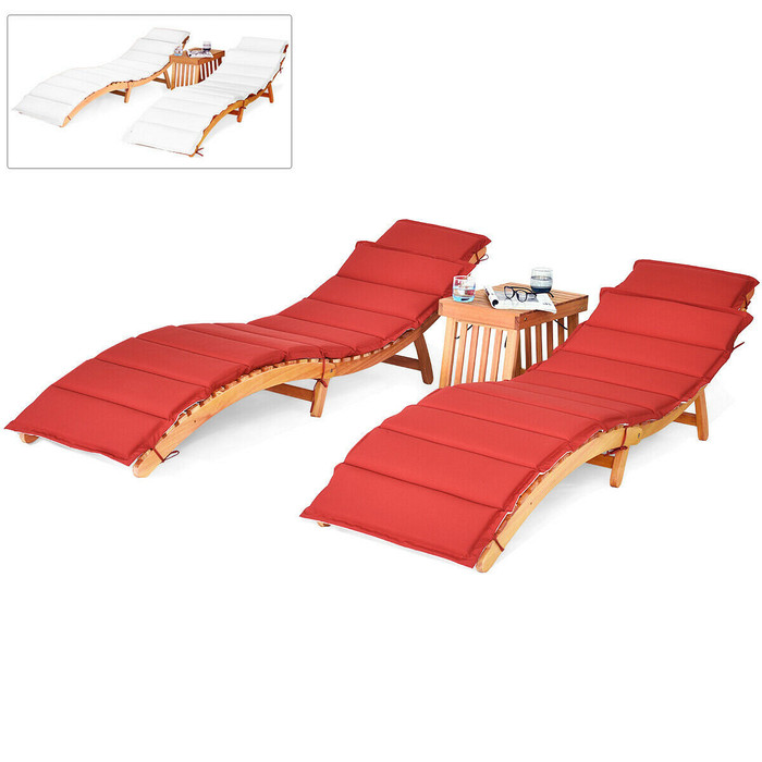 3 Pieces Folding Patio Eucalyptus Wood Lounge Chair Set with Foldable Side Table - Color: Red D681-HW63882