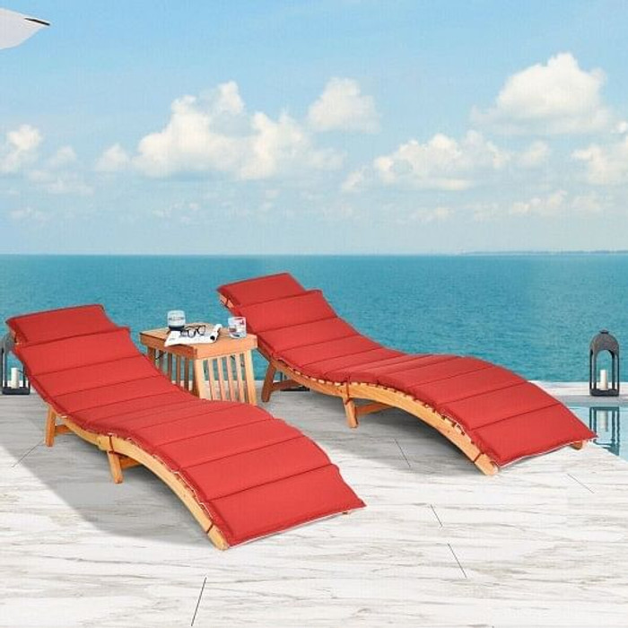 3 Pieces Folding Patio Eucalyptus Wood Lounge Chair Set with Foldable Side Table - Color: Red D681-HW63882