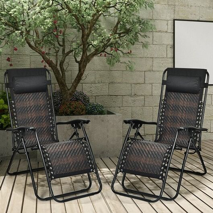 2 Pieces Folding Patio Rattan Zero Gravity Lounge Chair-Brown - Color: Brown D681-OP70634BN-2