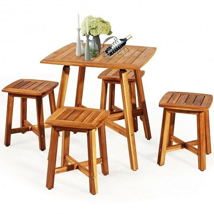 5 Pieces Wood Patio Dining Set with Square Table and 4 Stools B593-HW65874