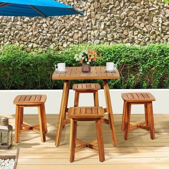 5 Pieces Wood Patio Dining Set with Square Table and 4 Stools B593-HW65874
