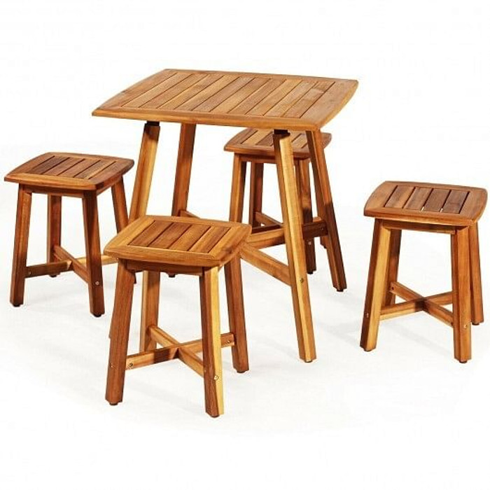 5 Pieces Wood Patio Dining Set with Square Table and 4 Stools B593-HW65874