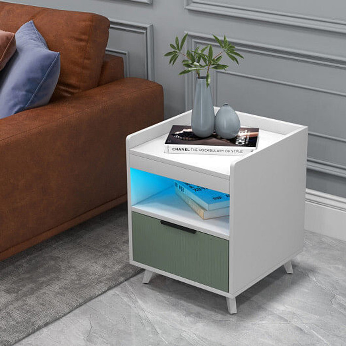 Modern Nightstand with LED Lights Sliding Drawer and Open Compartment-White B593-JV10648