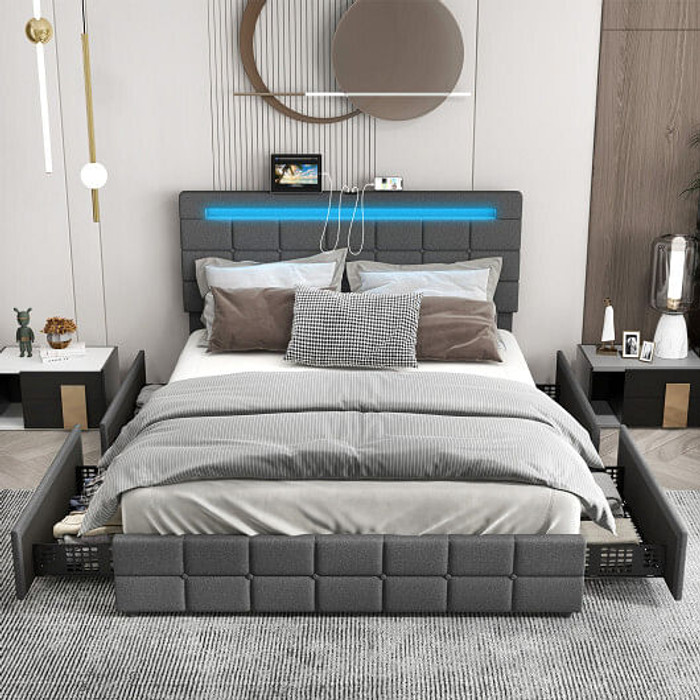 Upholstered Queen LED Bed Frame with Headboard and 4 Drawers-Queen Size - Color: Gray - Size: Queen D681-HU10556GR-Q