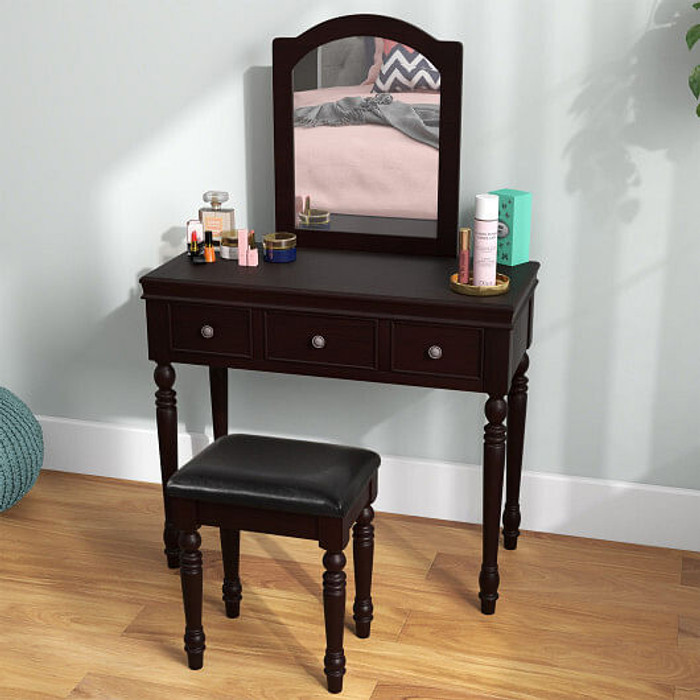 Makeup Vanity Table and Stool Set with Detachable Mirror and 3 Drawers Storage-Walnut - Color: Waln D681-HU10572WN