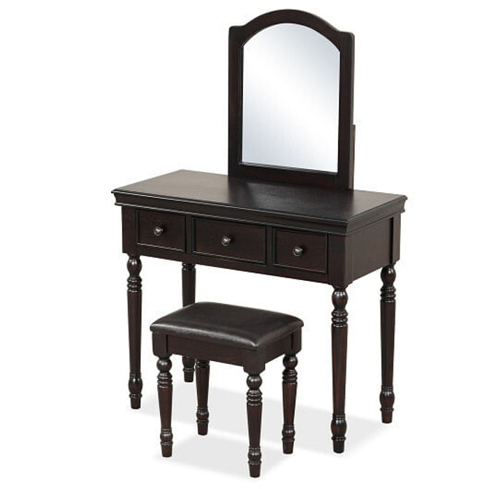 Makeup Vanity Table and Stool Set with Detachable Mirror and 3 Drawers Storage-Walnut - Color: Waln D681-HU10572WN