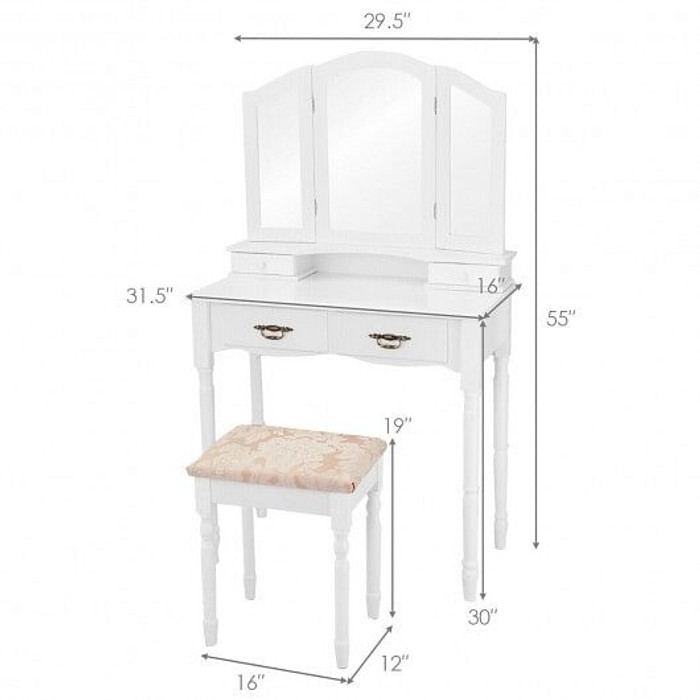 Simple Vanity Set with Tri-Folding Mirror Drawers and Storage Shelf-White B593-HW65974