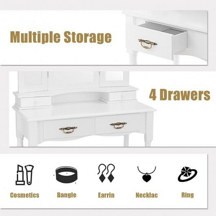 Simple Vanity Set with Tri-Folding Mirror Drawers and Storage Shelf-White B593-HW65974