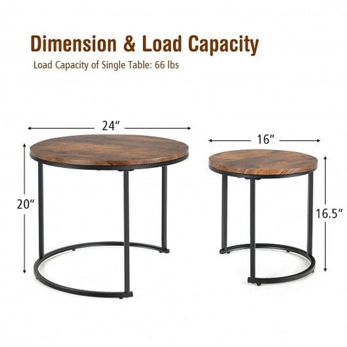 Set of 2 Modern Round Stacking Nesting Coffee Tables for Living Room-Rustic Brown - Color: Rustic B D681-JV10236CF