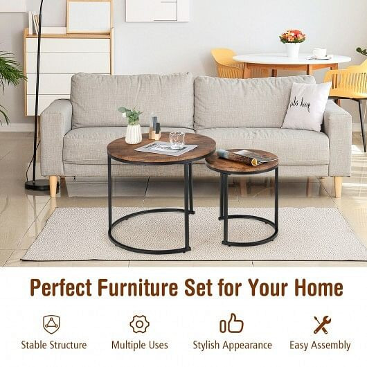 Set of 2 Modern Round Stacking Nesting Coffee Tables for Living Room-Rustic Brown - Color: Rustic B D681-JV10236CF
