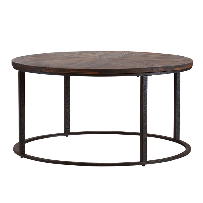 36" Natural And Brown Reclaimed Wood And Metal Round Coffee Table N270-402119