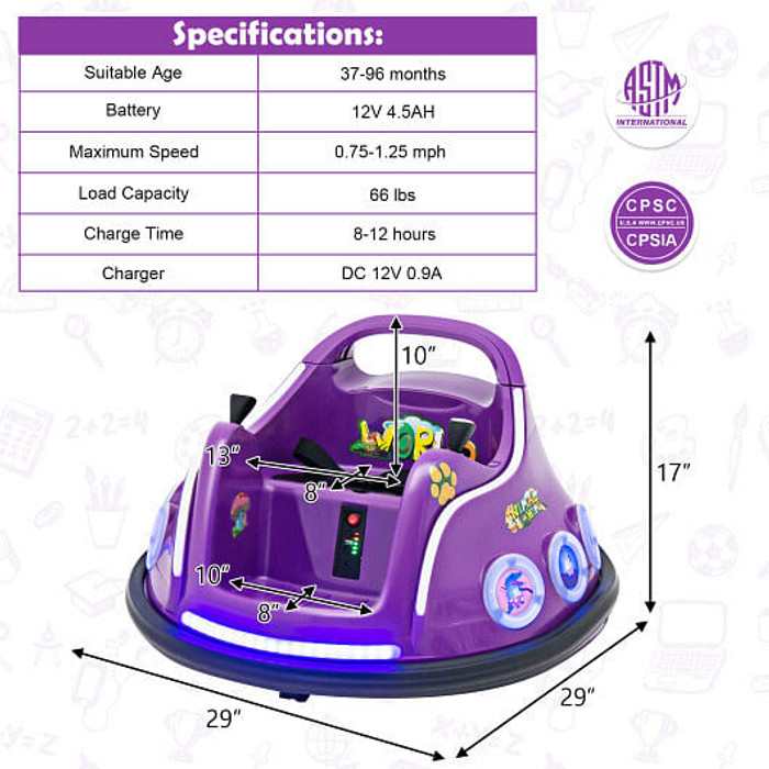 12V Electric Ride On Car with Remote Control and Flashing LED Lights-Purple - Color: Purple D681-TQ10170US-ZS