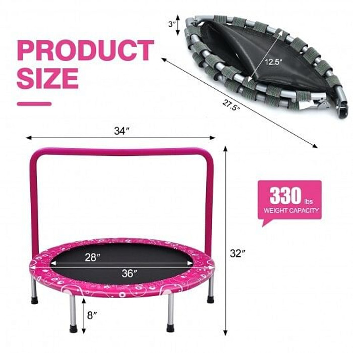 36 Inch Kids Trampoline Mini Rebounder with Full Covered Handrail-Pink B593-TW10006