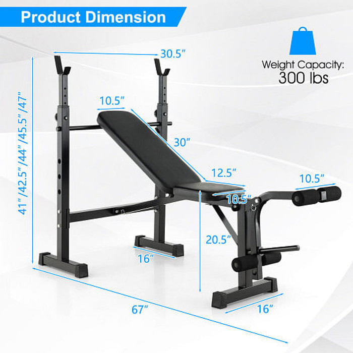 Adjustable Weight Bench and Barbell Rack Set with Weight Plate Post - Color: Black D681-FH10018