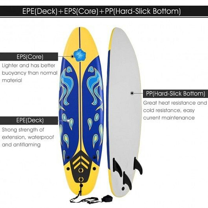 6 Feet Surfboard with 3 Detachable Fins-Yellow - Color: Yellow D681-SP37374YW