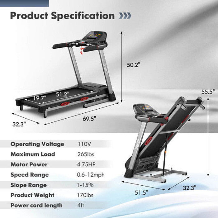 4.75 HP Folding Treadmill with Auto Incline and 20 Preset Programs-Black - Color: Black - Size: 4-4 D681-SP37745WL-DK