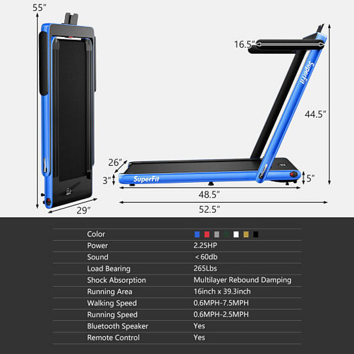 2.25HP 2 in 1 Folding Treadmill with APP Speaker Remote Control-Navy - Color: Navy - Size: 2-2.75 HP D681-SP37914US-NY