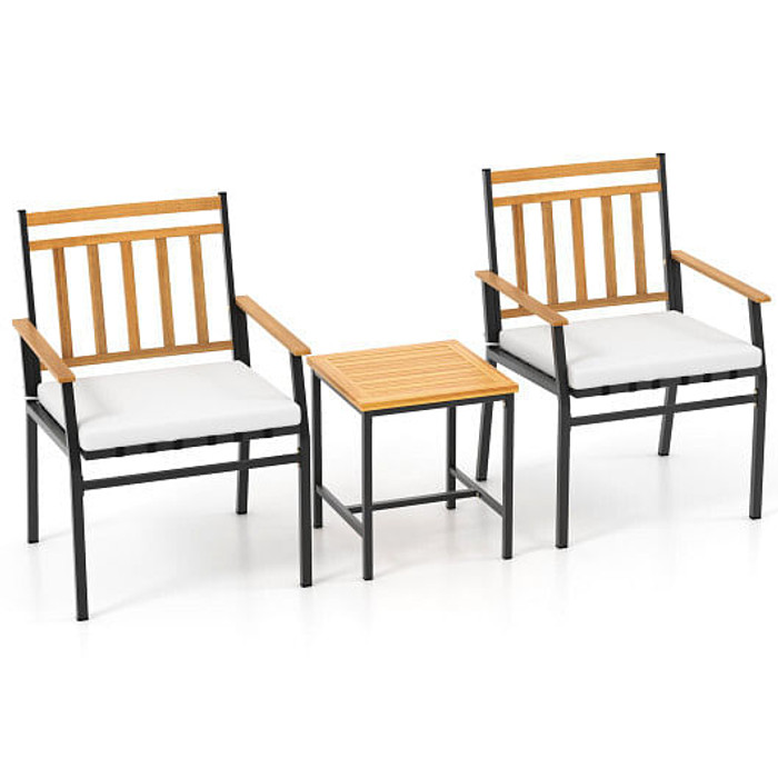 3 Pieces Outdoor Furniture Set Acacia Wood Patio Conversation Set with Cushions-White - Color: White D681-HW72142WH