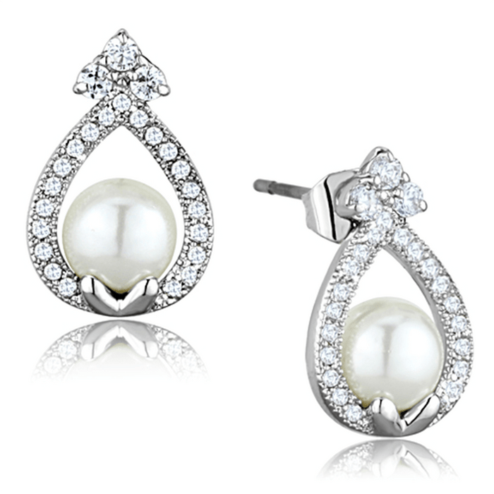 3W665 - Rhodium Brass Earrings with Synthetic Pearl in White A874-3W665