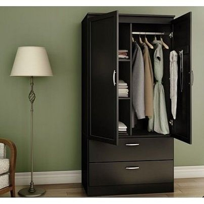 Modern Two Door Wardrobe Armoire with Two Drawers and Hanging Rod Storage, Black Q280-BLWH0038 Modern Two Door Wardrobe Armoire with Two Drawers and Hanging Rod Storage, Black Q280-BLWH0038