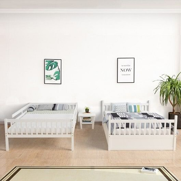 Full over Full Bunk Bed Platform Wood Bed with Ladder-White B593-HW65358COLOR+ Full over Full Bunk Bed Platform Wood Bed with Ladder-White B593-HW65358COLOR+