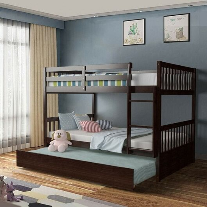 Full over Full Bunk Bed Platform Wood Bed with Ladder-White B593-HW65358COLOR+ Full over Full Bunk Bed Platform Wood Bed with Ladder-White B593-HW65358COLOR+