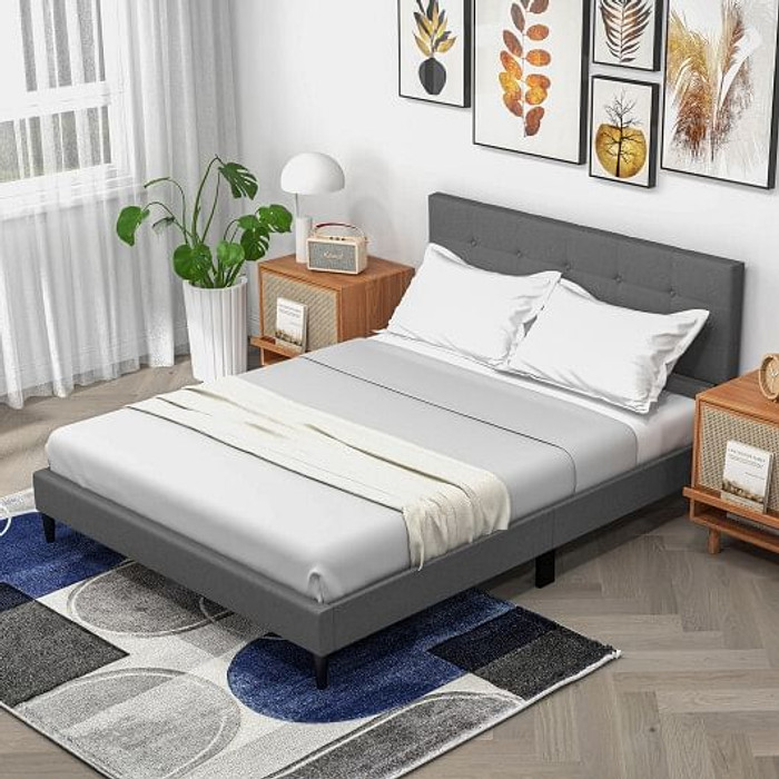 Queen Size Upholstered Platform Bed with Button Tufted Headboard-Gray B593-HU10569-Q Queen Size Upholstered Platform Bed with Button Tufted Headboard-Gray B593-HU10569-Q