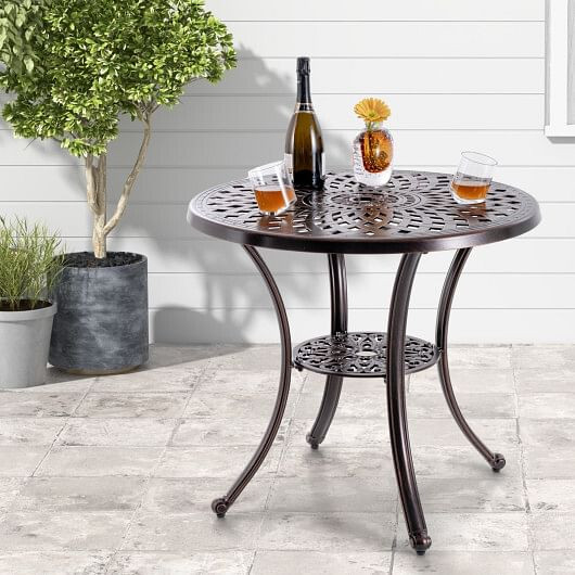 Patio Cast Aluminum Table 31 Inch Diameter Round Table with Umbrella Hole-Copper - Color: Copper D681-NP11473WN