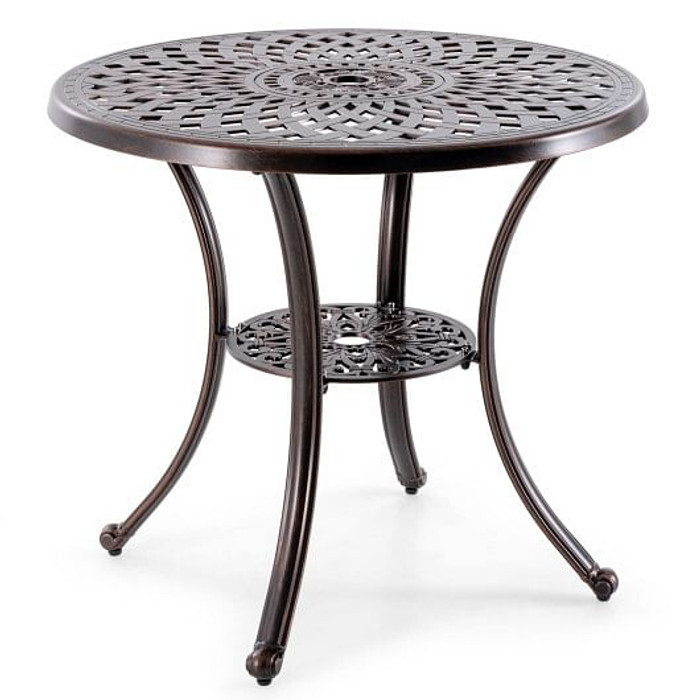 Patio Cast Aluminum Table 31 Inch Diameter Round Table with Umbrella Hole-Copper - Color: Copper D681-NP11473WN