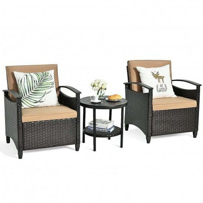 3 Pieces Patio Rattan Furniture Set Cushioned Sofa Storage Table with Shelf Garden B593-HW64401