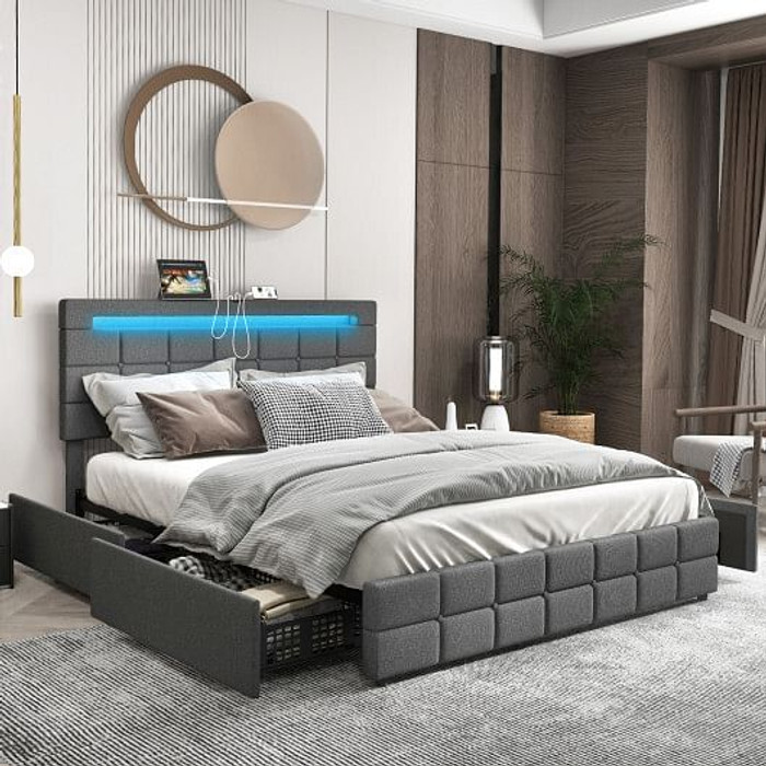 Upholstered Queen LED Bed Frame with Headboard and 4 Drawers-Queen Size - Color: Gray - Size: Queen D681-HU10556GR-Q Upholstered Queen LED Bed Frame with Headboard and 4 Drawers-Queen Size - Color: Gray - Size: Queen D681-HU10556GR-Q