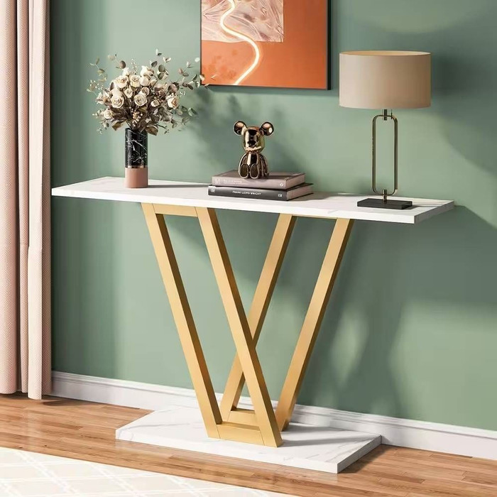 Modern Industrial Console Table with Faux White Marble Top and Gold Frame Q280-FMWGCT8958147