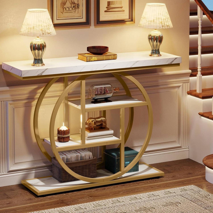 Modern Round Gold Metal Frame Foyer Console Table with White Faux Marble Shelves Q280-WHTGLDCT13976431