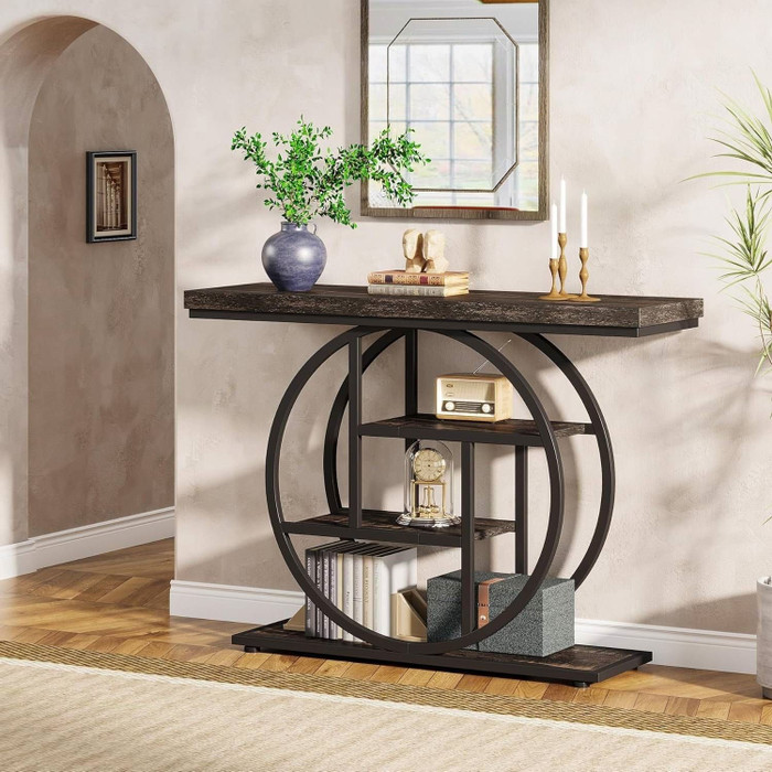 Modern 41-inch Circular Base Foyer Entryway Table with Black Wood Finish Shelves Q280-BLKCENTW13958194