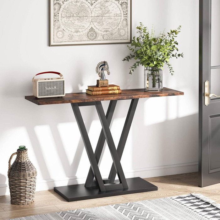 Modern 43-inch Narrow Entryway Table with Brown Wood Top and Black Metal Frame Q280-RBRBLKCT95914758