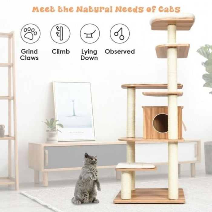 7-Layer Wooden Cat Tree Tall Cat Tower with Sisal Posts and Condo-Natural - Color: Natural D681-PS7431