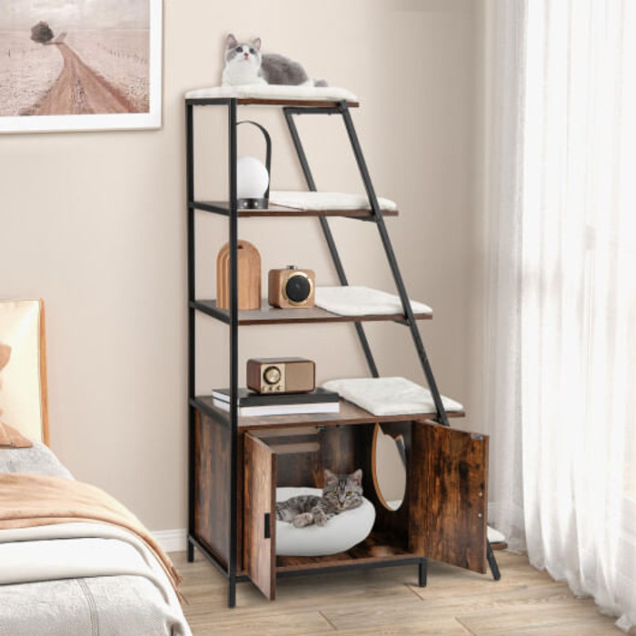 Large Cat Litter Box Enclosure with Storage and Ladder Shelf-Rustic Brown B593-PV10168