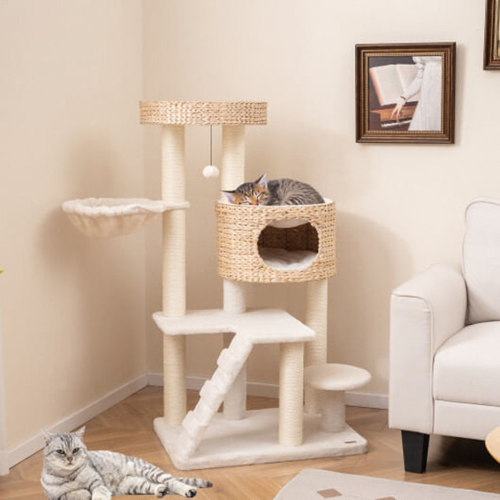 Modern Cat Tree for Indoor Cats with Cattail Fluff Condo and Top Perch-Natural B593-PV10204