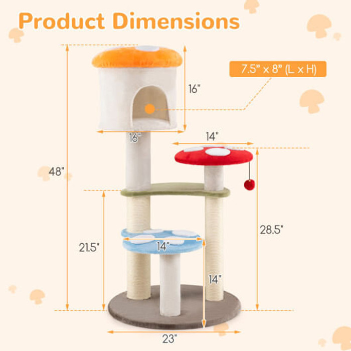 Cute Mushroom Cat Tree with Sisal Scratching Posts Top Condo and Padded Platforms-Multicolor B593-PV10268