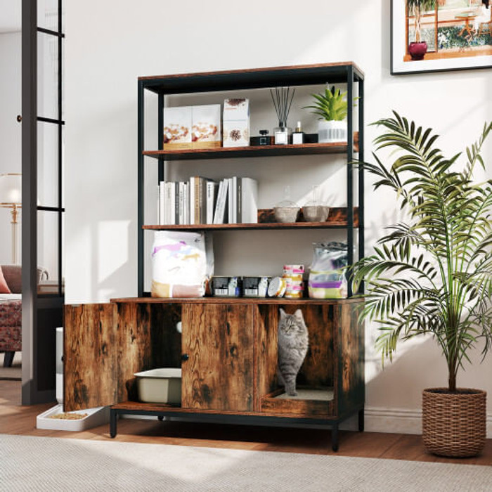 57 Inches Cat Litter Box Enclosure with Storage and Removable Scratcher-Coffee B593-PV10264