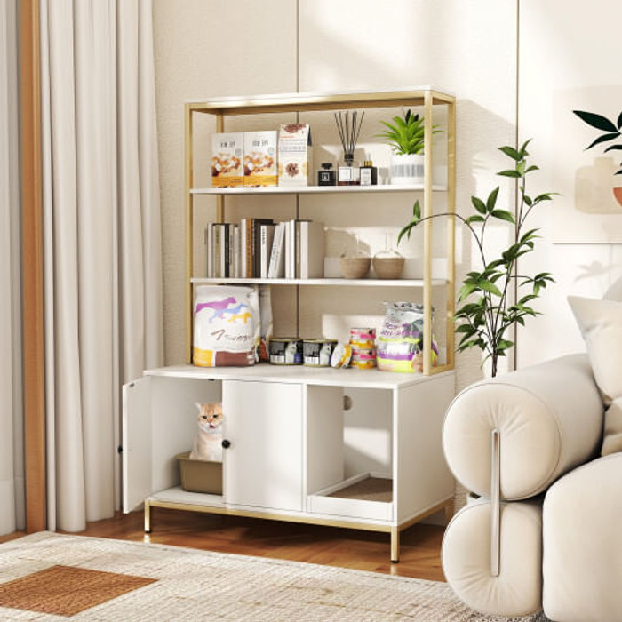 57 Inches Cat Litter Box Enclosure with Storage and Removable Scratcher-Coffee B593-PV10264