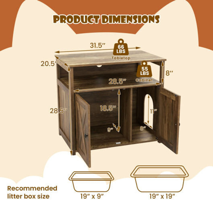 Cat Litter Box Enclosure with Double Barn Doors  Divider  Side Entry and Storage Shelf B593-PS7822OK