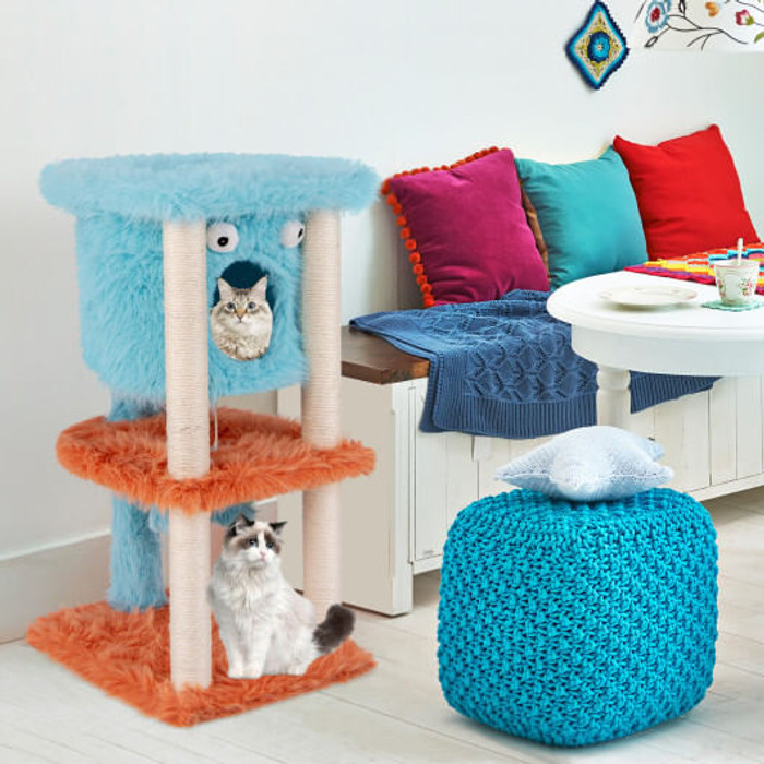 Cute Monster-Themed Cat Tower with Private Condo and Soft Long Plush-Blue B593-PV10188